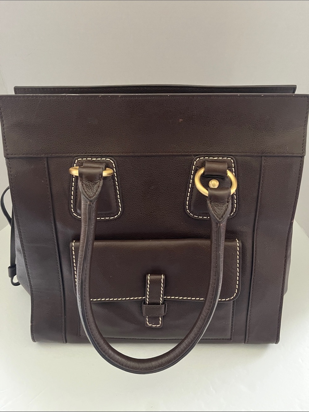 Talbots Dark Brown Leather Handbag with Gold-Tone Zipper